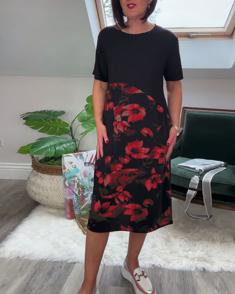 Robe patchwork décontractée à imprimé floral et col rond