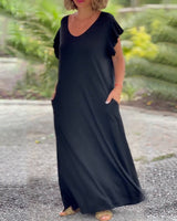 Robe longue de couleur unie avec poche et manche courte