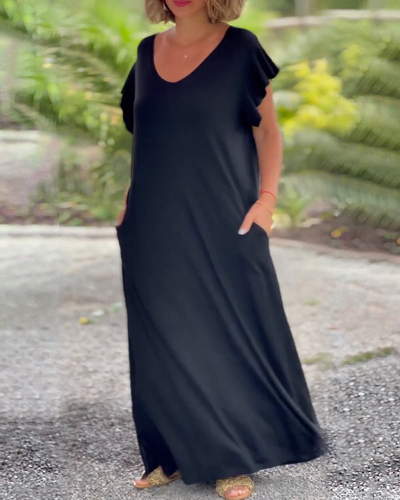 Robe longue de couleur unie avec poche et manche courte