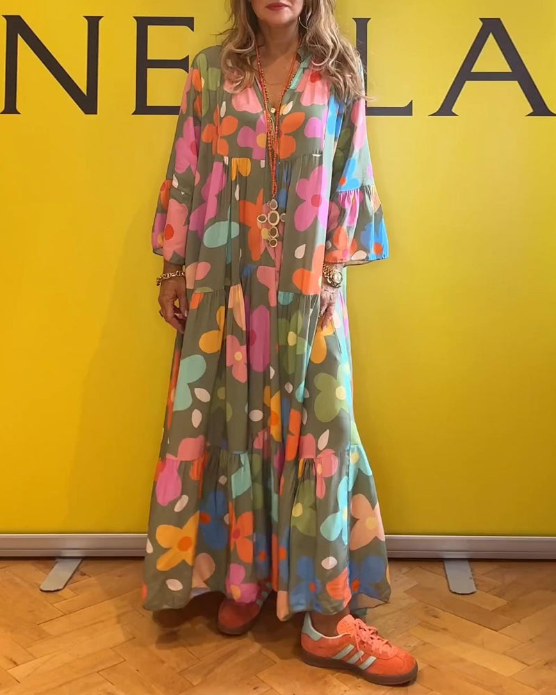 Robe décontractée à manches cloche et imprimé floral coloré