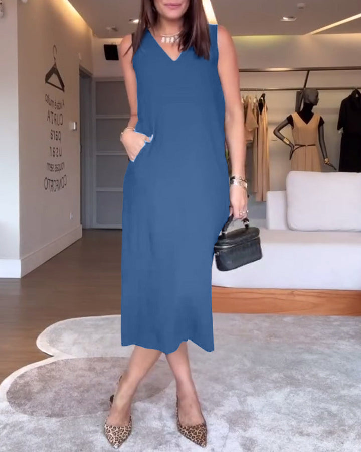 robe décontractée col en V sans manches couleur unie fendue