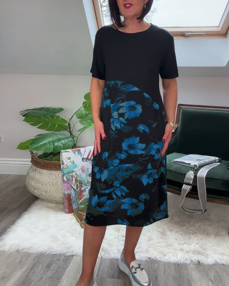 Robe patchwork décontractée à imprimé floral et col rond