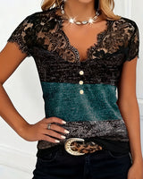 T-Shirt Col V Dentelle Patchwork Contraste Couleur