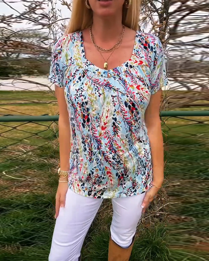 T-Shirt Col U Manches Courtes Imprimé