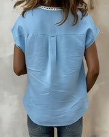 T-Shirt À Col En V Avec Motif Ajouré En Coton Et Lin