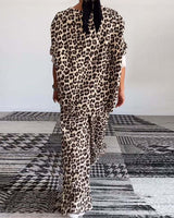 Ensemble décontracté à imprimé léopard avec haut ras du cou et poche, pantalon à jambe large