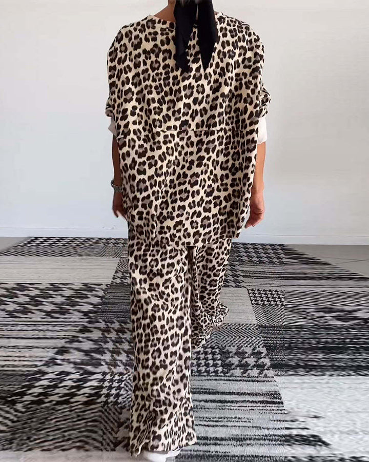 Ensemble décontracté à imprimé léopard avec haut ras du cou et poche, pantalon à jambe large