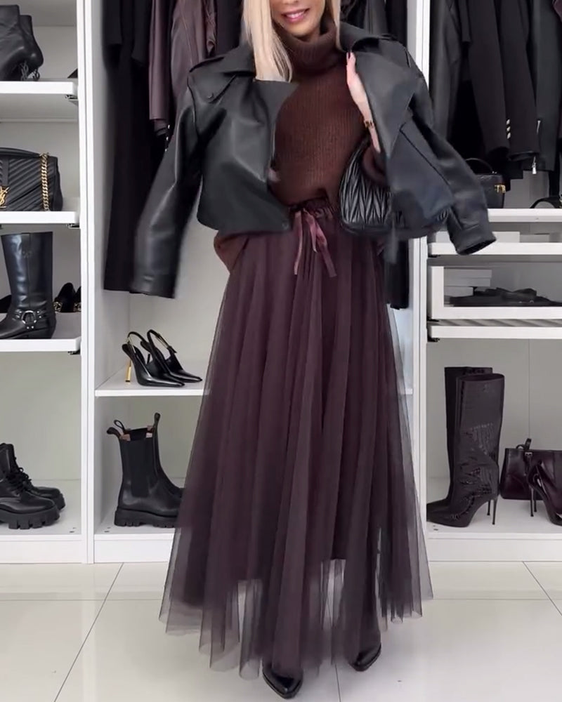 Jupe plissée décontractée à lacets en maille de couleur unie