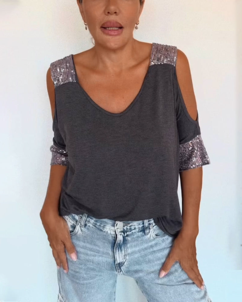 T-Shirt avec Patch de Séquins en Off - the - Shoulder