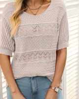 Pull À Manches Courtes En Maille Crochetée Ajourée Et Col Rond Pour Femmes