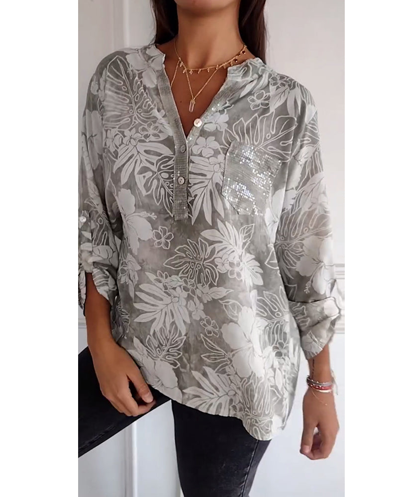 Haut imprimé feuilles à sequins patchwork