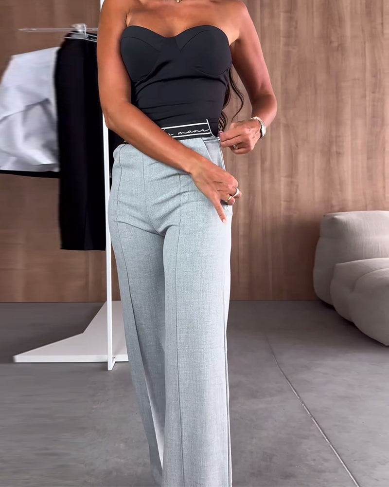 Pantalon droit décontracté de couleur unie avec poche zippée