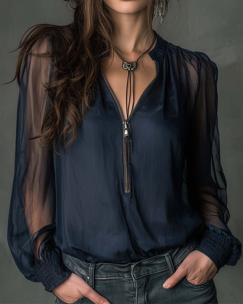 Blouse Demi-zippé Maille Manches-longues