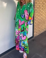 Robe à col en V à imprimé cœur avec manches longues