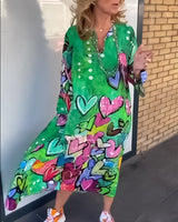 Robe à col en V à imprimé cœur avec manches longues