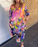 Robe à col en V à imprimé cœur avec manches longues