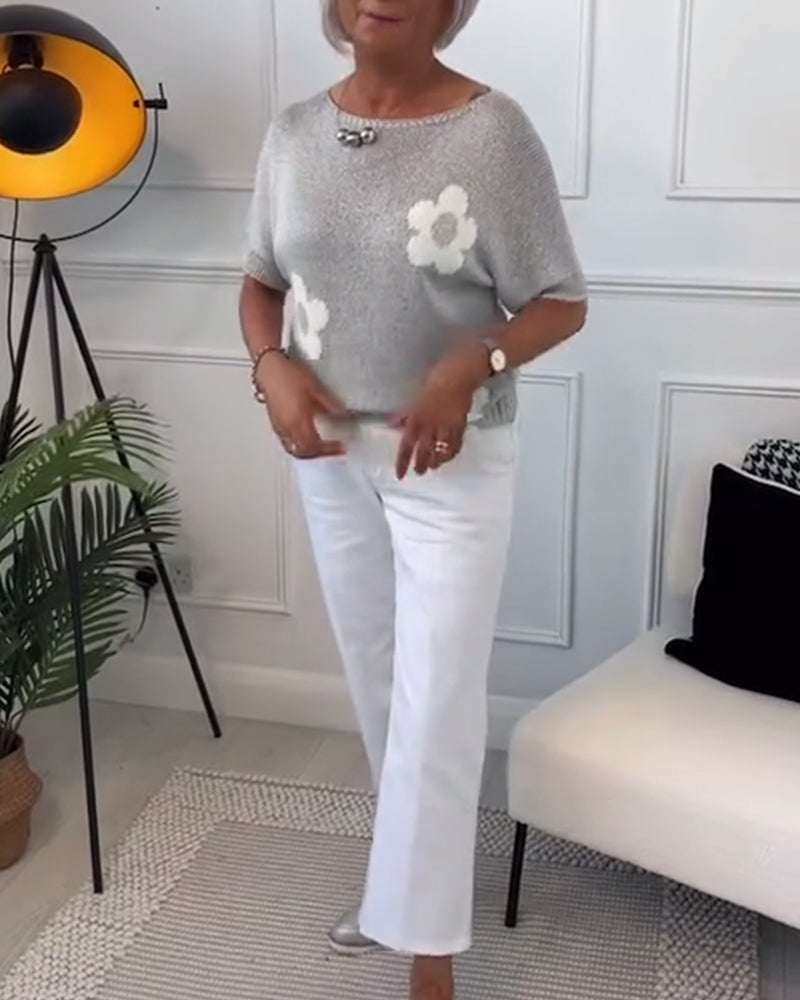 Pull col rond slim fleuri