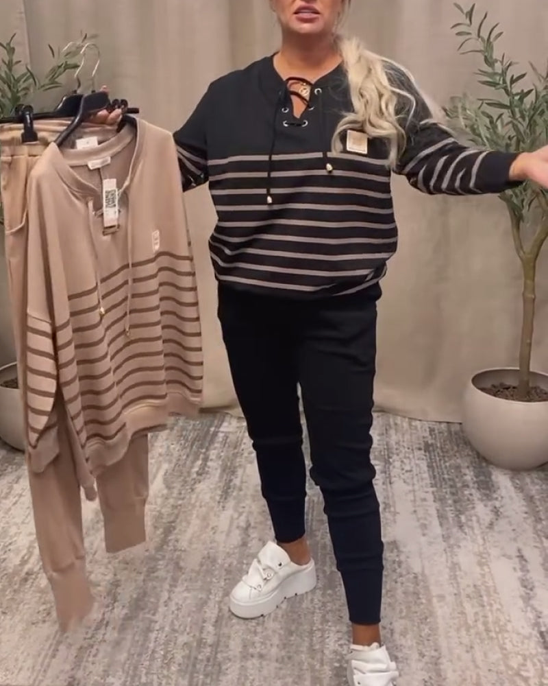 Ensemble Deux Pièces Décontracté Pantalon De Sport Rayé À La Cheville