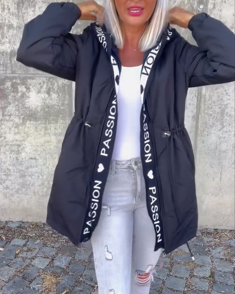 Manteau à capuche décontracté avec cordon de serrage et imprimé lettre