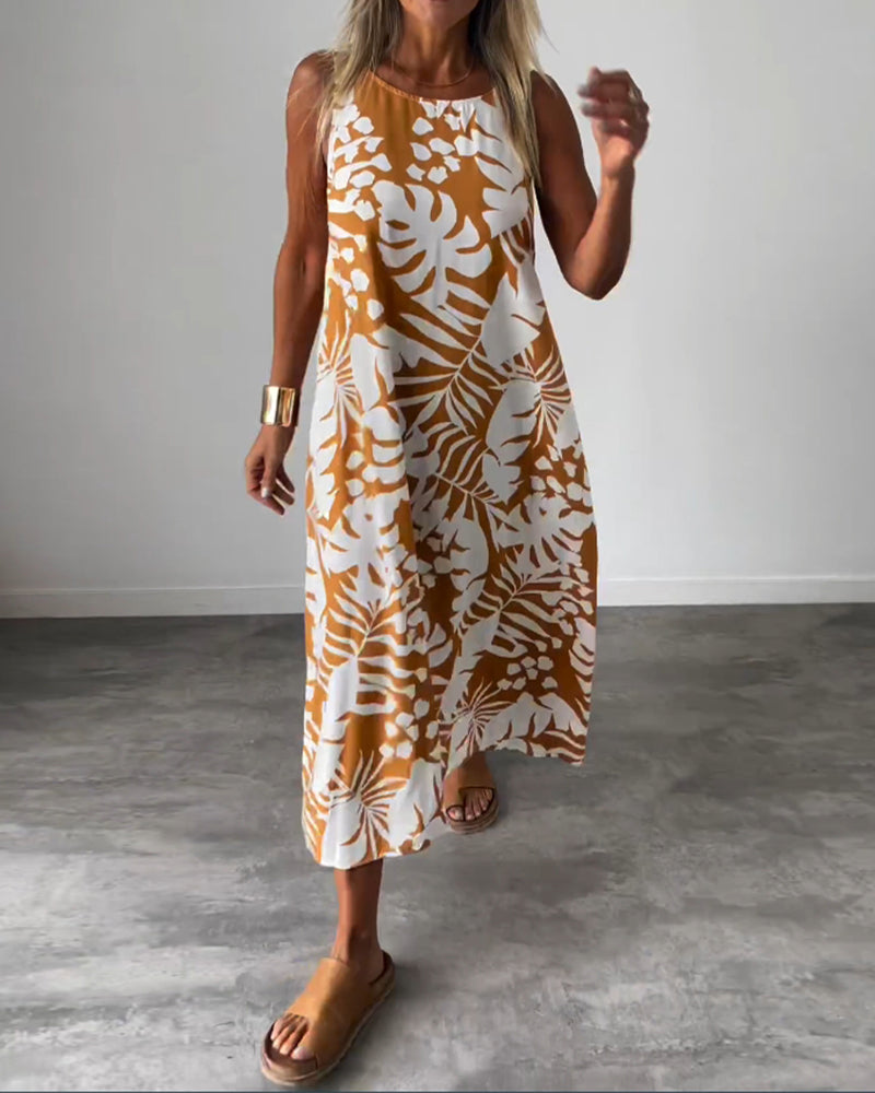Robe décontractée sans manches à imprimé feuilles