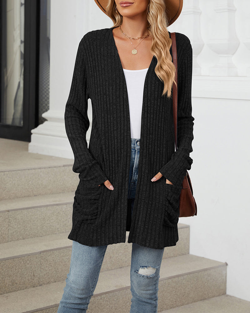 Cardigan décontracté à manches longues et poches de couleur unie