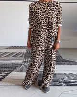 Ensemble décontracté à imprimé léopard avec haut ras du cou et poche, pantalon à jambe large
