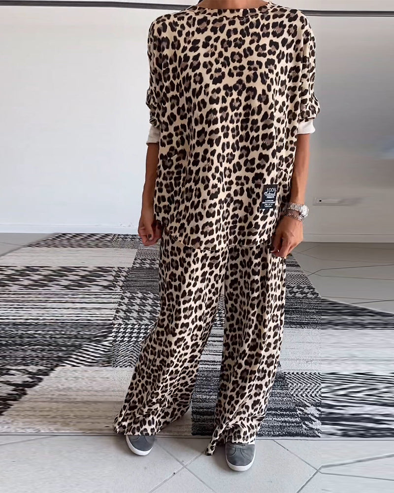 Ensemble décontracté à imprimé léopard avec haut ras du cou et poche, pantalon à jambe large