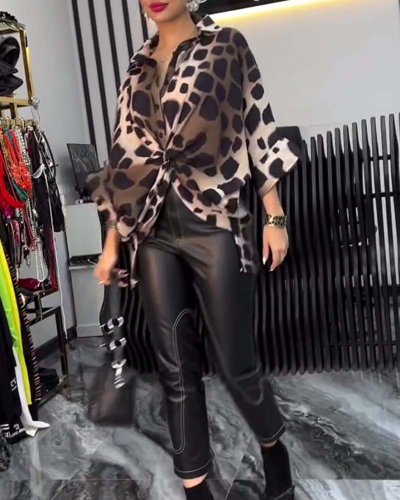 Blouse de tempérament imprimé léopard à revers