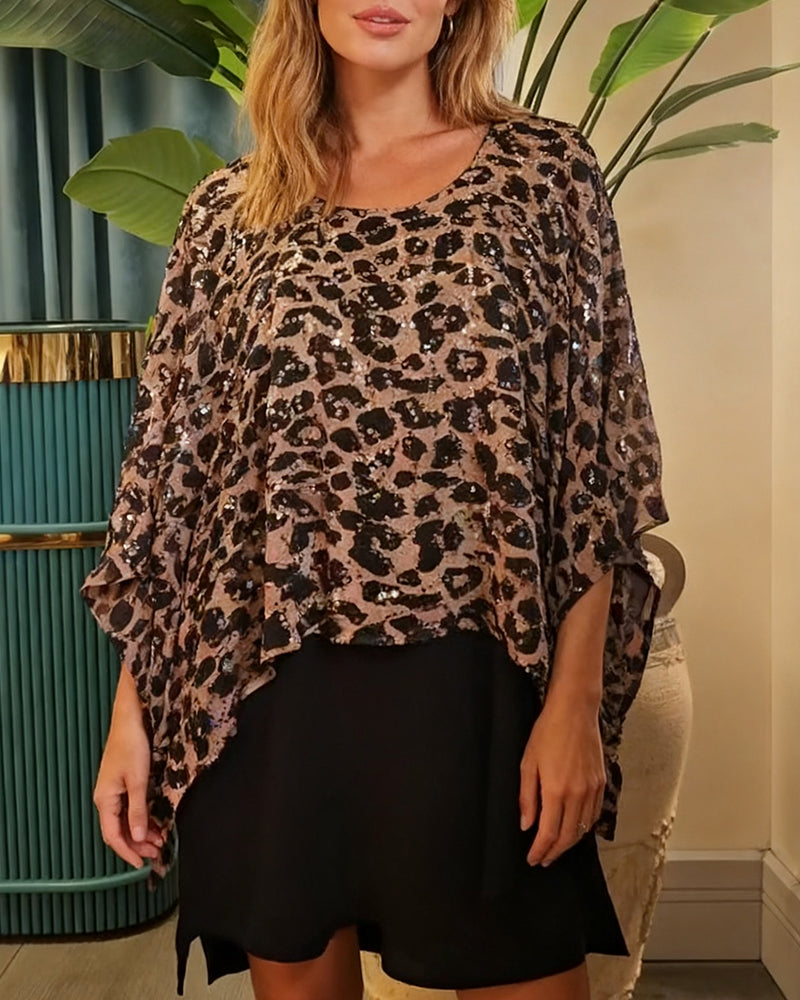 T-Shirt Imprimé Léopard À Paillettes Manches Chauve-Souris