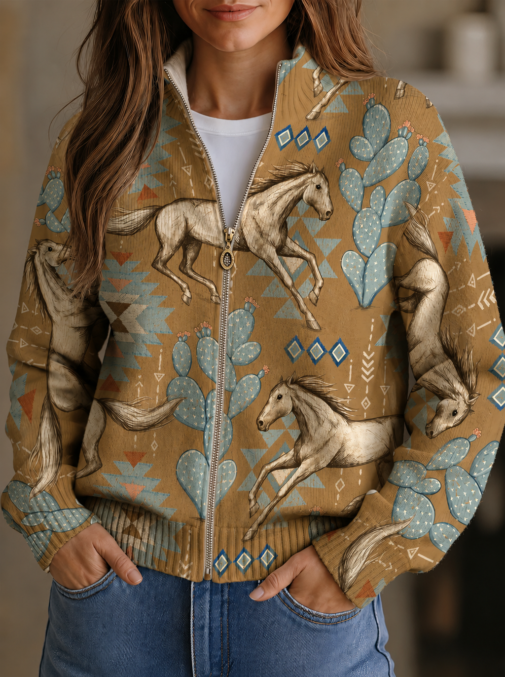 Capucine - Cardigan zippé à imprimé chevaux et cactus