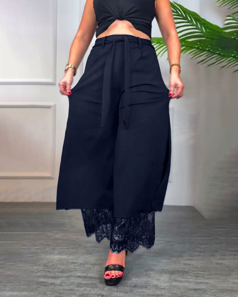 Pantalon À Fente Avec Bordure En Dentelle