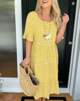 Robe midi col rond imprimé à pois