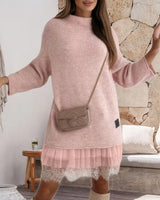 Ensemble robe pull col montant en maille décontractée de couleur unie