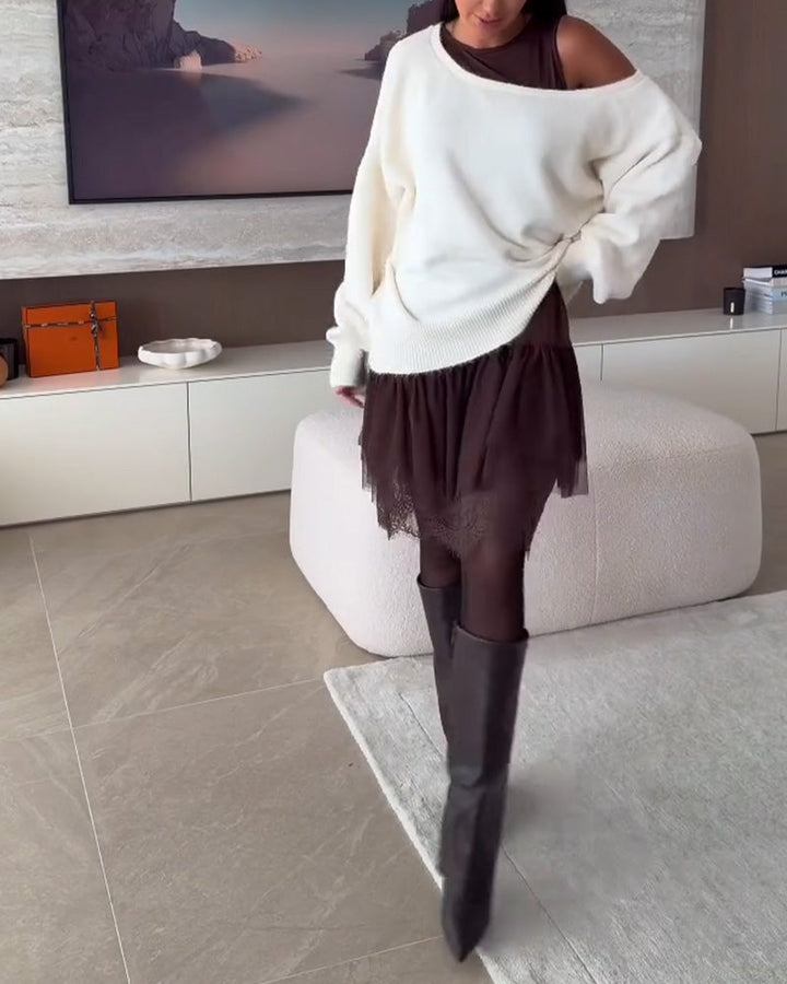 Décolleté Épaules Nues Loose Pull &amp; Ourlet Dentelle Robe