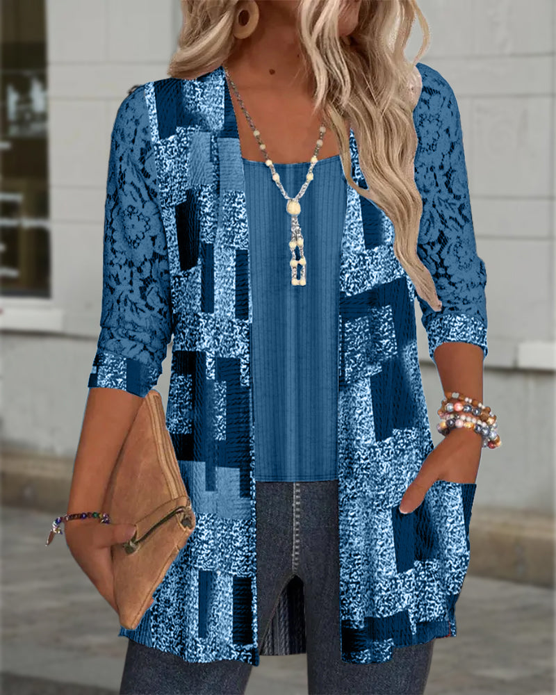 Bluse Manches Longues Imprimée Style Deux-Pièces Factice