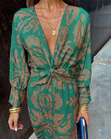 Robe élégante à manches longues et col en V imprimé vintage