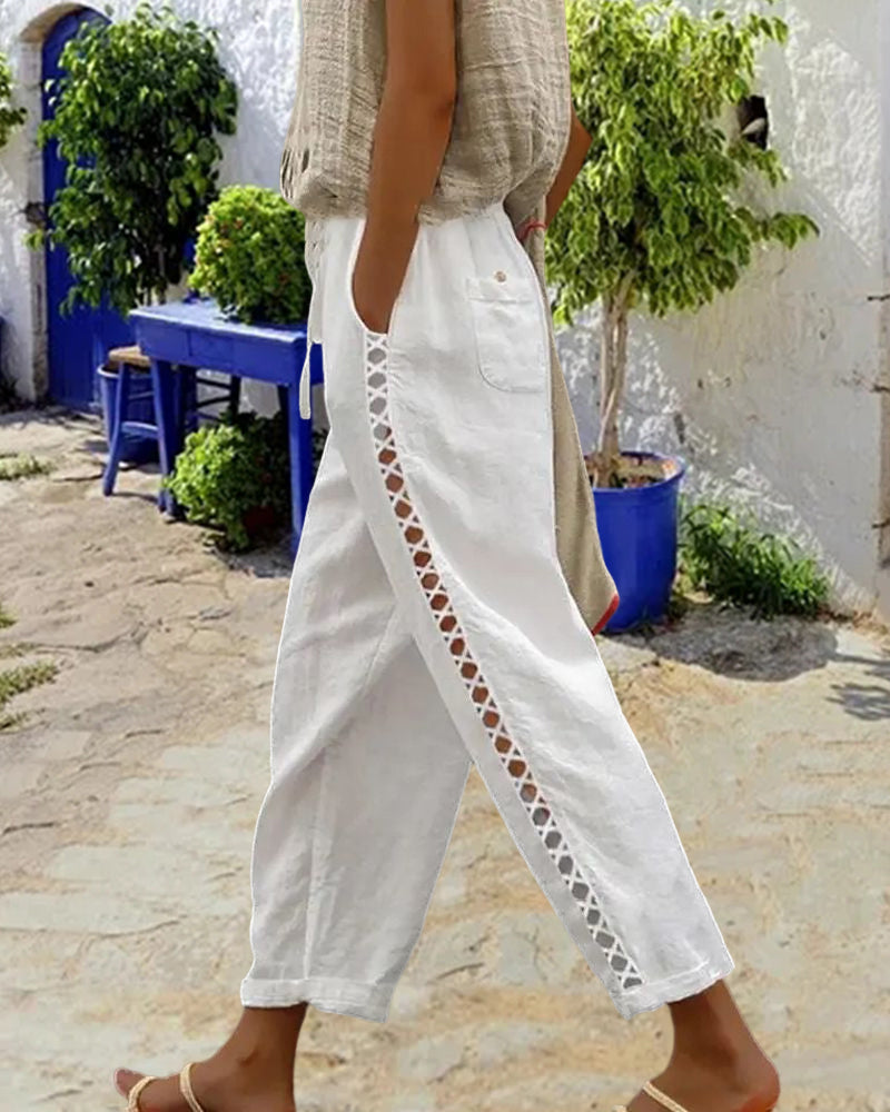Pantalon évidé en coton et lin