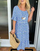 Robe midi col rond imprimé à pois