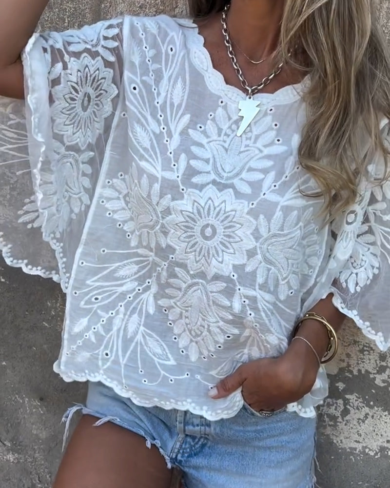 Blouse Manches Papillon Col Rond Brodé