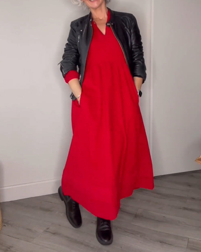 Robe élégante à col en V et manches longues