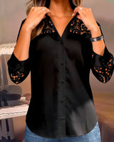 Blouse Couleur Unie Revers Dentelle Patchwork