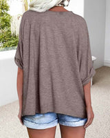 T-Shirt Col En V Ourlet Roulé Manches Courtes Large