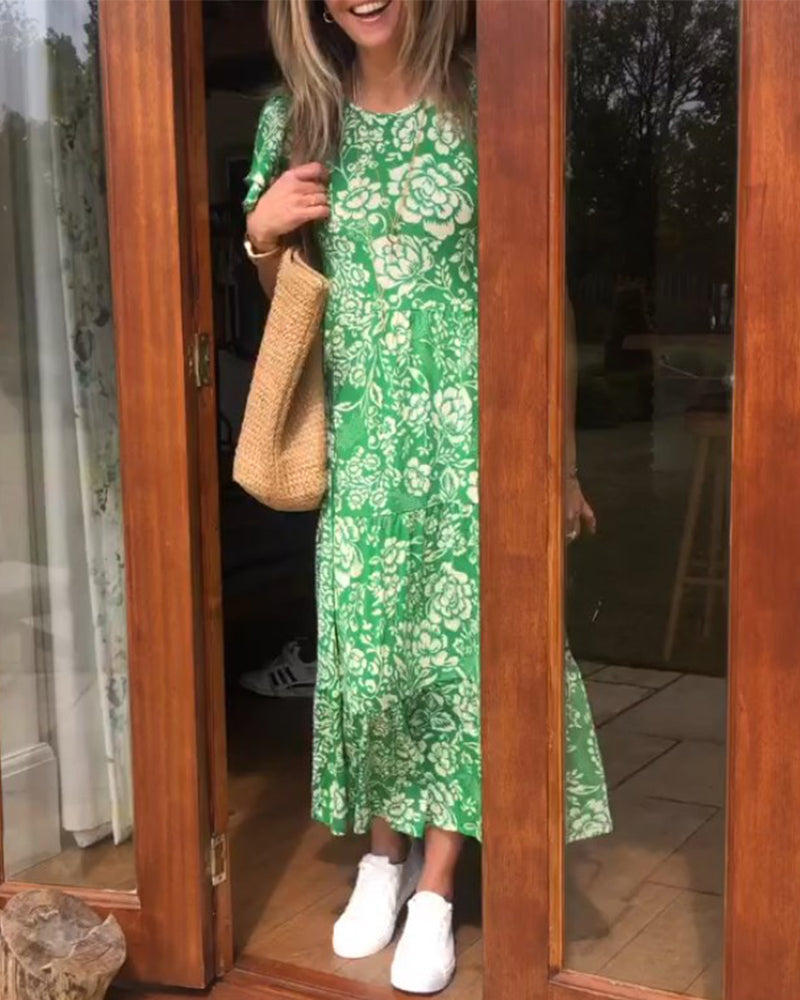 Robe longue à manches courtes imprimée de fleurs