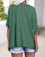 T-Shirt Col En V Ourlet Roulé Manches Courtes Large