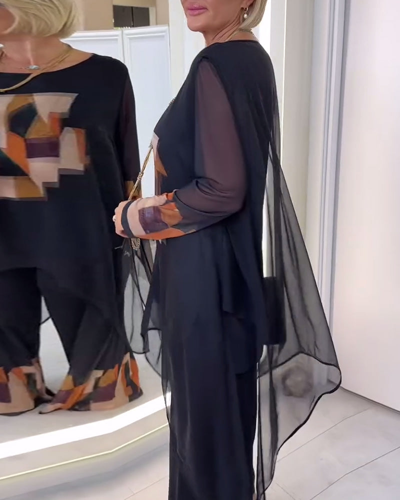 Costume Élégant À Manches Longues Imprimé Jambes Larges