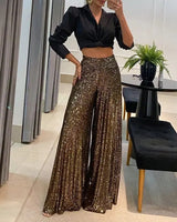 Pantalon large taille haute à sequins