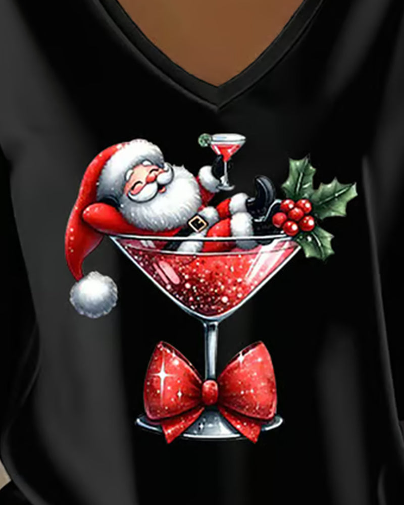Haut Ample À Col En V Avec Imprimé De Verre De Vin De Noël
