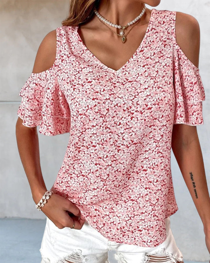 T-shirt imprimé fleuri à épaules dénudées