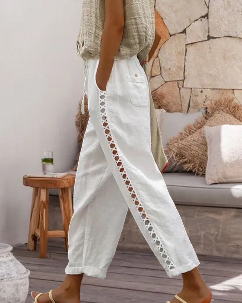 Pantalon évidé en coton et lin