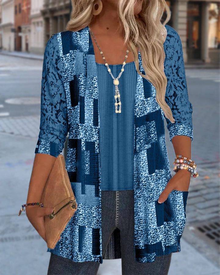 Bluse Manches Longues Imprimée Style Deux-Pièces Factice